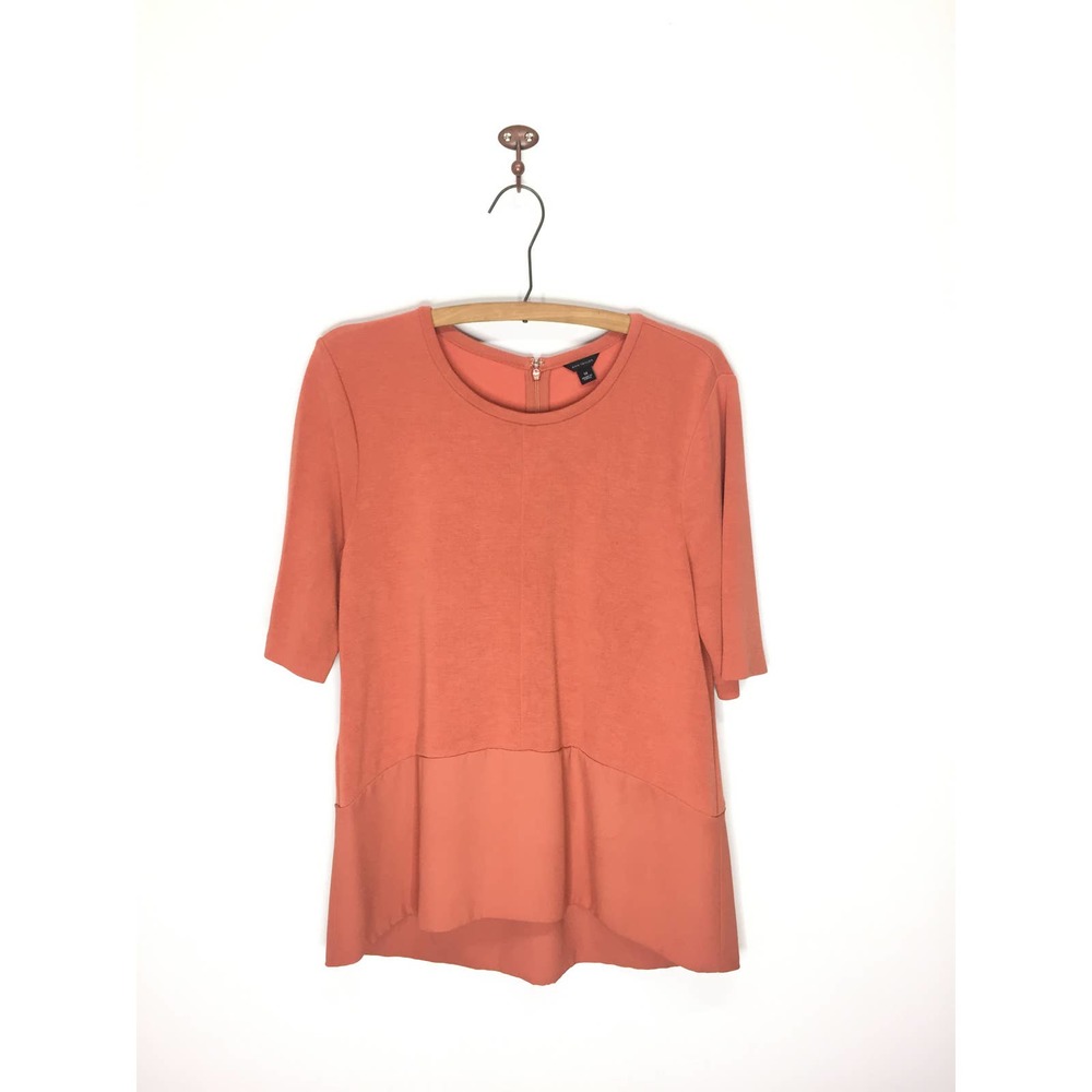 Ann Taylor Orange Mixed Media Short Sleeve Blouse Crepe Peplum Pullover Women M